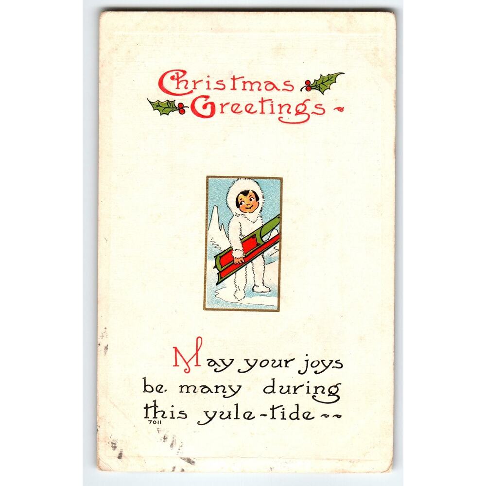 Vintage Christmas Greetings Postcard Eskimo Child with Sled 1912